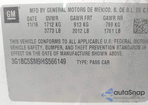 2017 Chevrolet Cruze Ls Auto из США, поврежденный, VIN 3G1BC5SM9HS566149